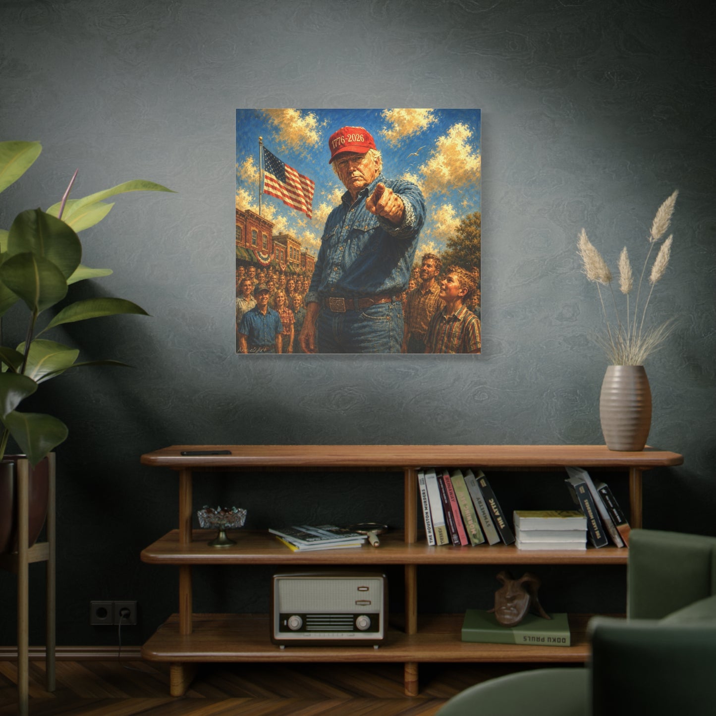 Trump Americana Patriotic Canvas Art - '1776-2026' Pointing Figure with American Flag