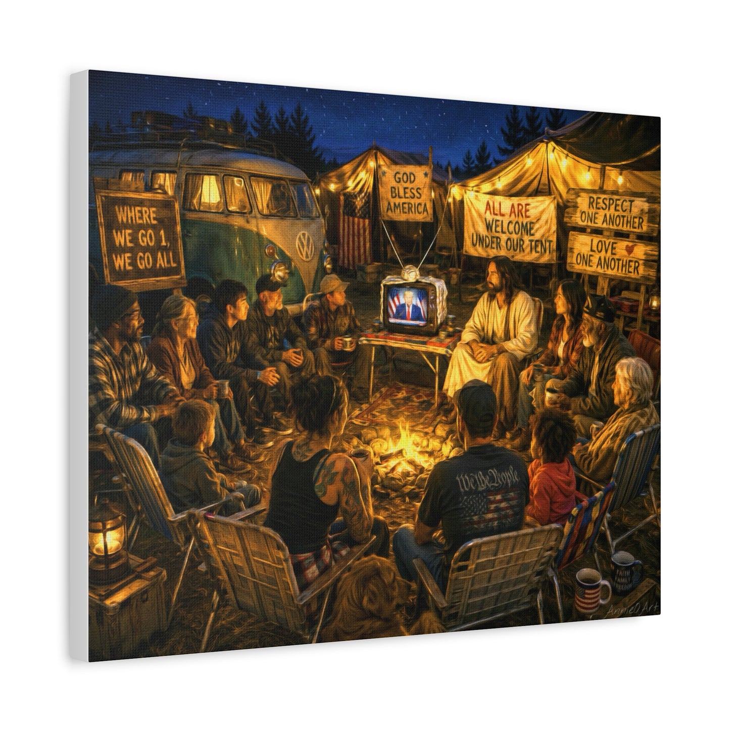 God Bless America—Campfire Fellowship Canvas Wall Art — 'All Are Welcome' Rustic Gathering Scene—MAGA—WWG1WGA