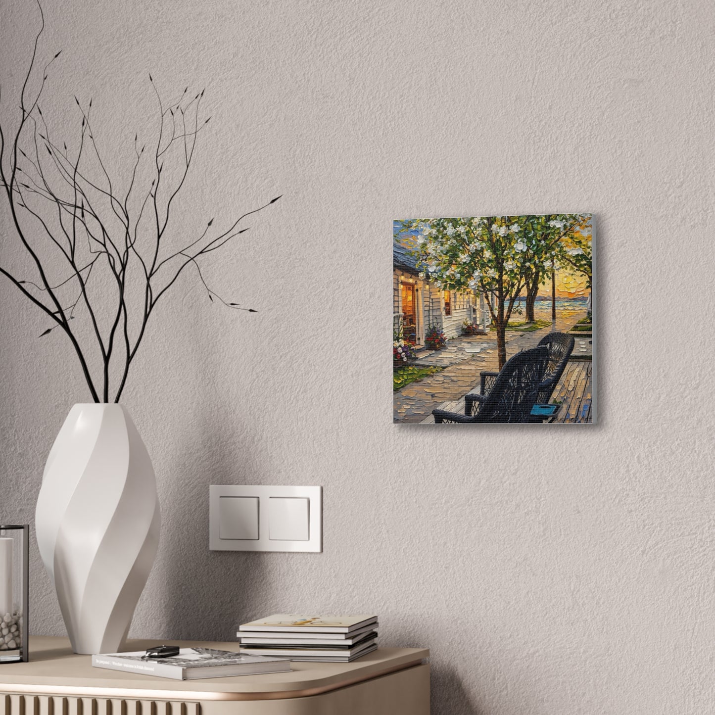 Bungalow Porch Canvas Wall Art — Sunny Cottage Sunset Stretched Canvas