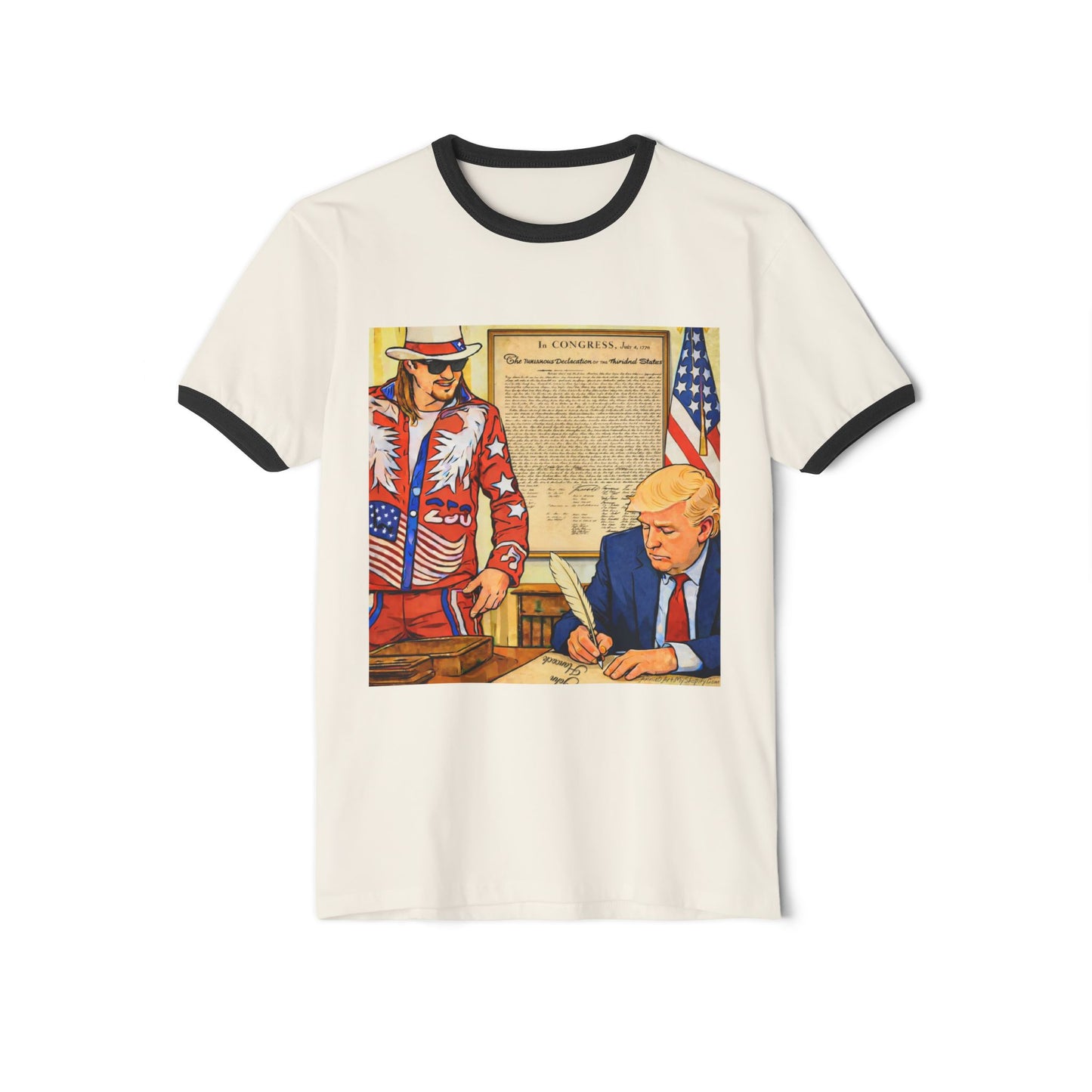 250th Independence Ringer T-Shirt — Patriotic Illustration of Trump Signing with Kid Rock
