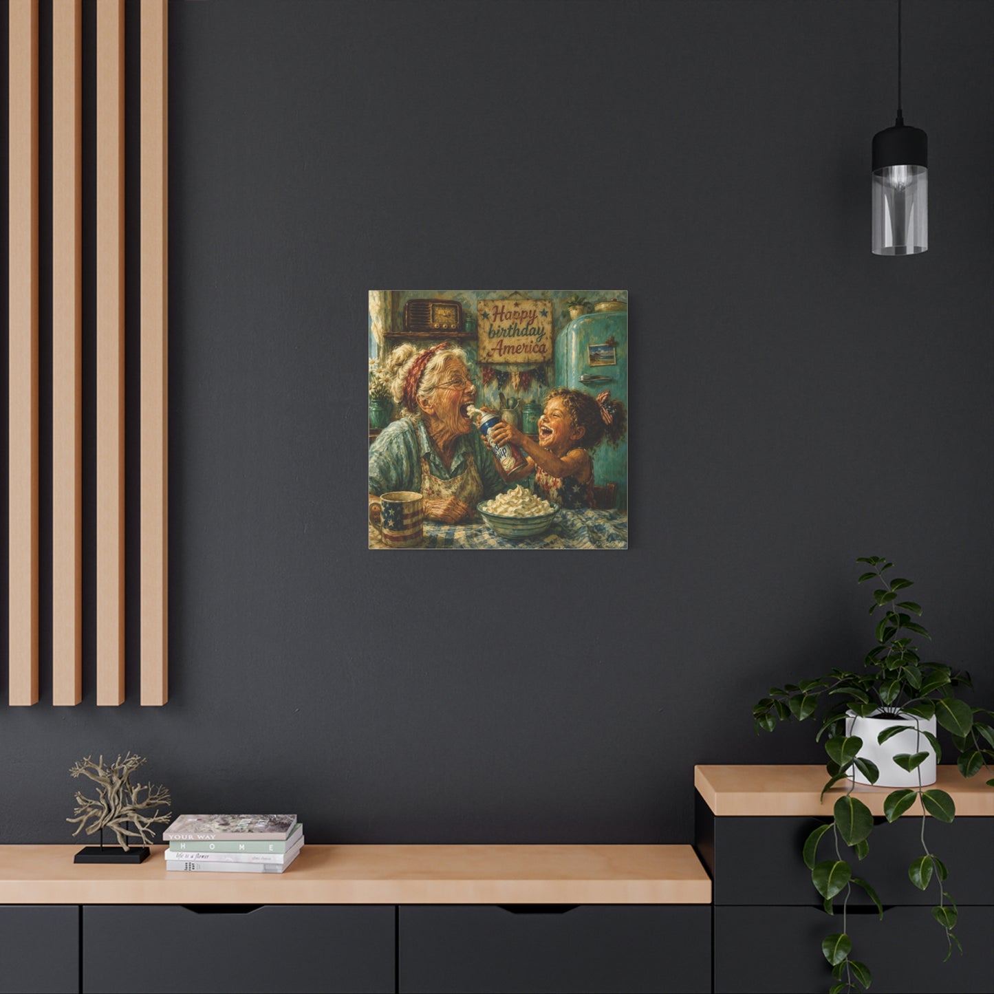 Happy Birthday America Canvas — Patriotic Grandma & Granddaughter Kitchen Wall Art