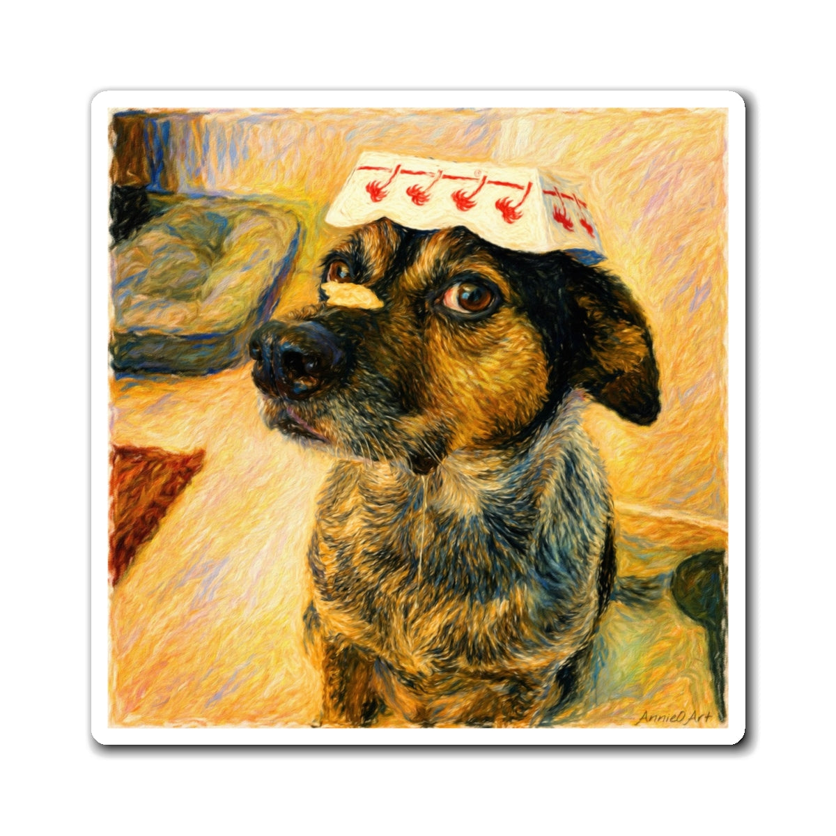 Dog Photo Magnet — Cute Dog with In-N-Out Fry, Hat & Drool, Whimsical Pet Refrigerator Magnet