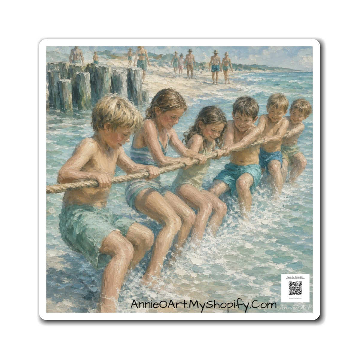 Beach Tug-of-War Kids Magnet — Vintage Summer Seaside Art Refrigerator Magnet