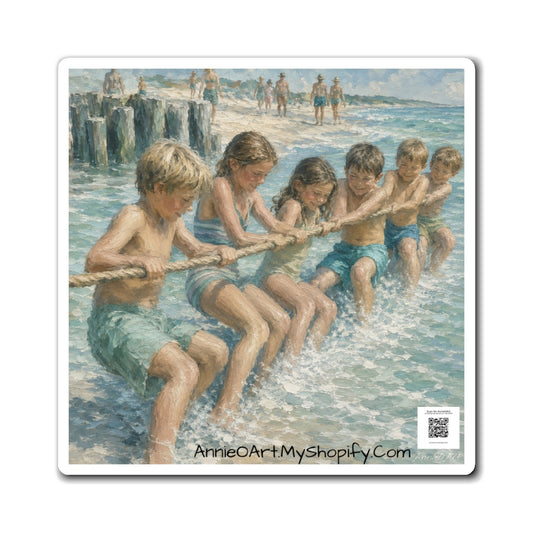 Beach Tug-of-War Kids Magnet — Vintage Summer Seaside Art Refrigerator Magnet