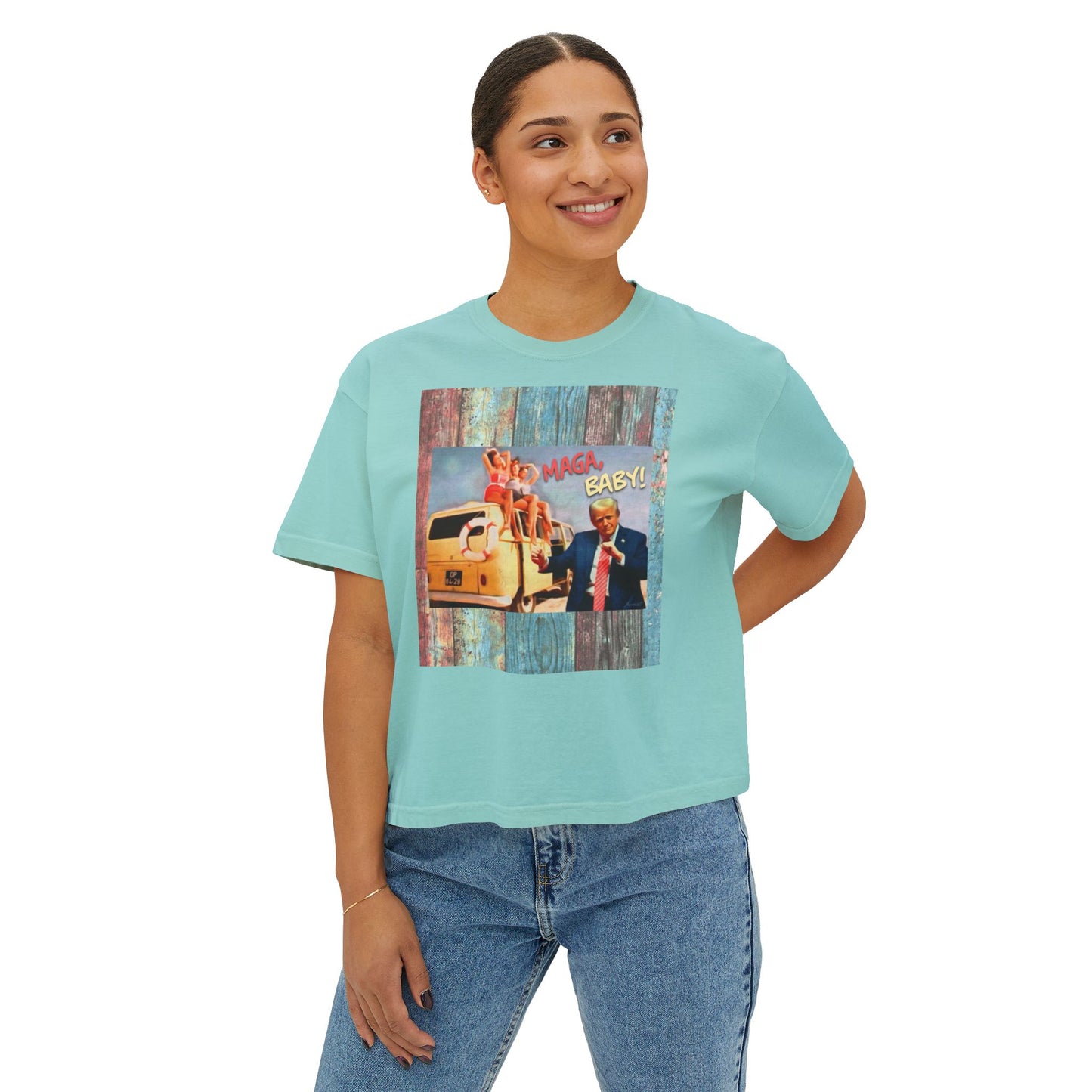 Beach scene w DJT dancing Retro VW van “MAGA, baby!” —Graphic Boxy Tee — Vintage Roadtrip/Rally tee Women's Shirt