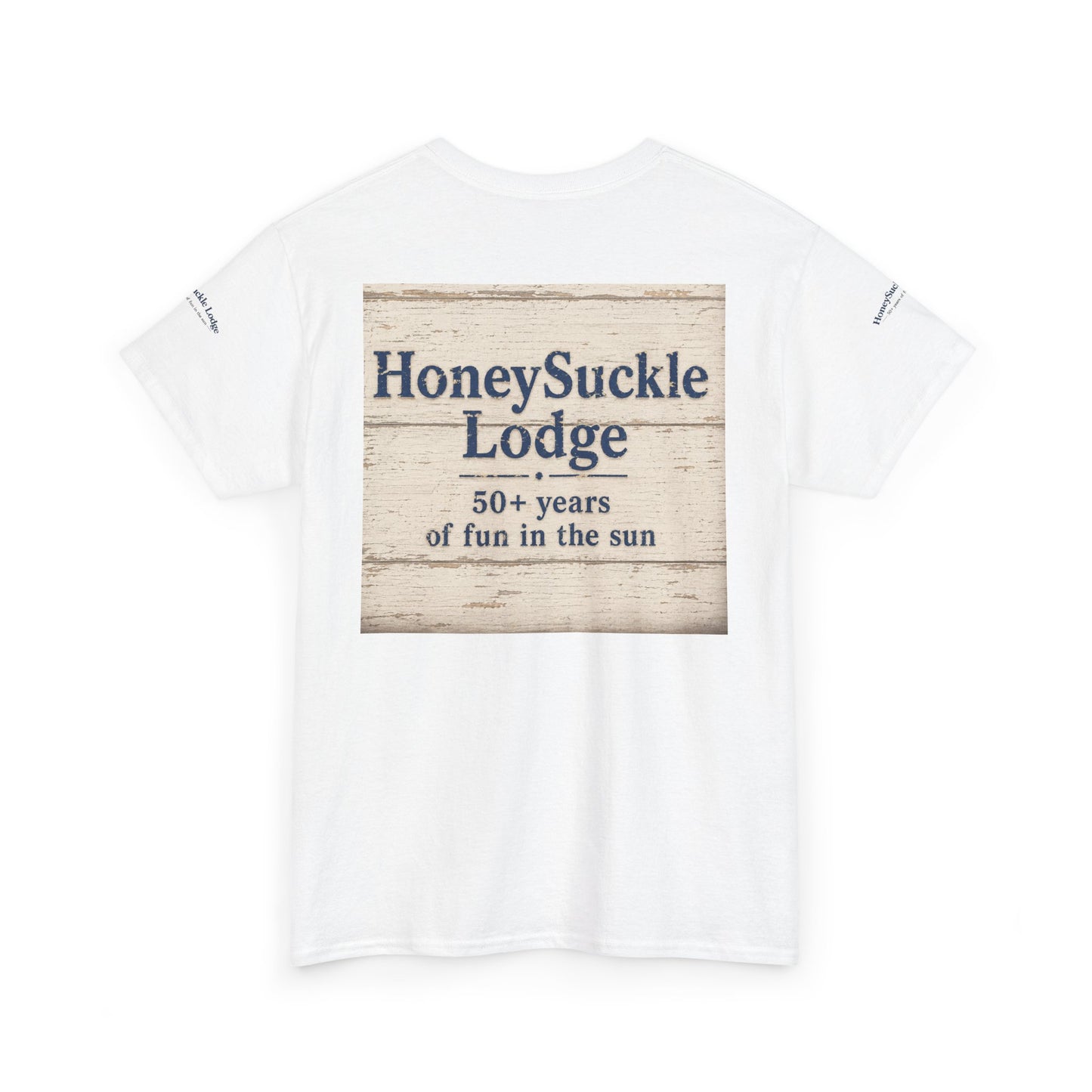 Honeysuckle Lodge Vintage Beach Print tee shirt front/back ("Honeysuckle Lodge - 50+ years of fun in the sun")