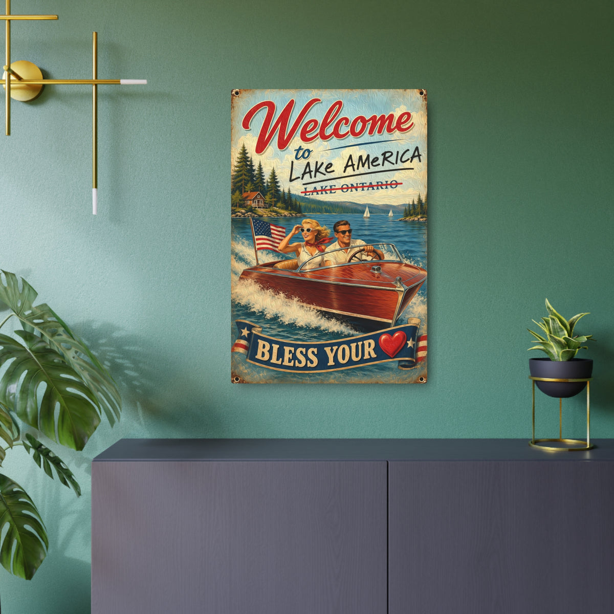 Welcome to Lake America Metal Sign – Vintage Boat Lake House Wall Art