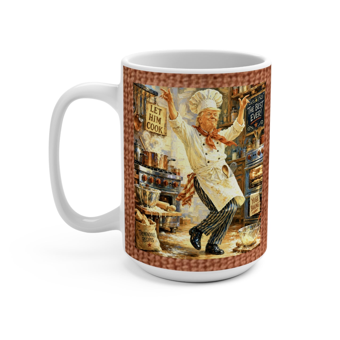Trump ‘Let Him Cook’ 15oz Ceramic Mug — Rustic Chef Kitchen Coffee Cup