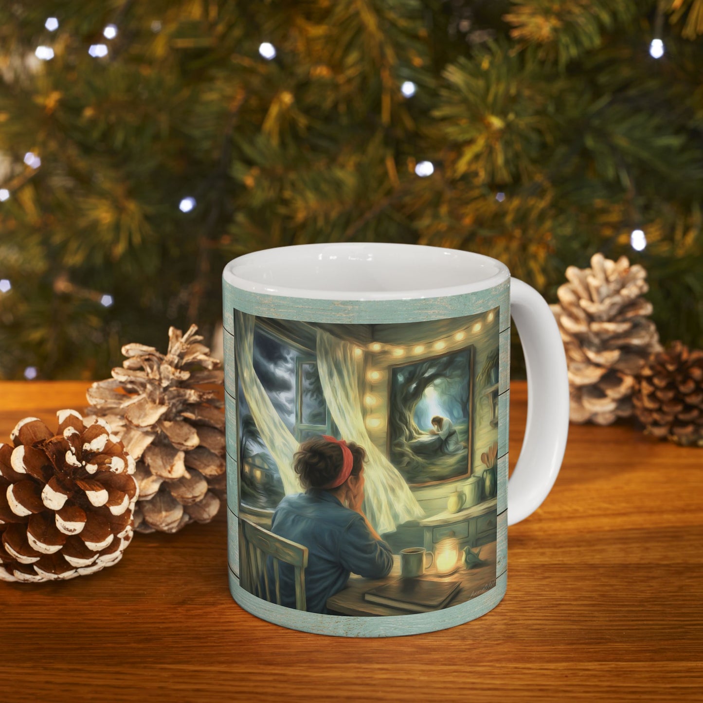 Meditating with Jesus Ceramic Mug — Cottage Nighttime Coffee Cup (11oz)
