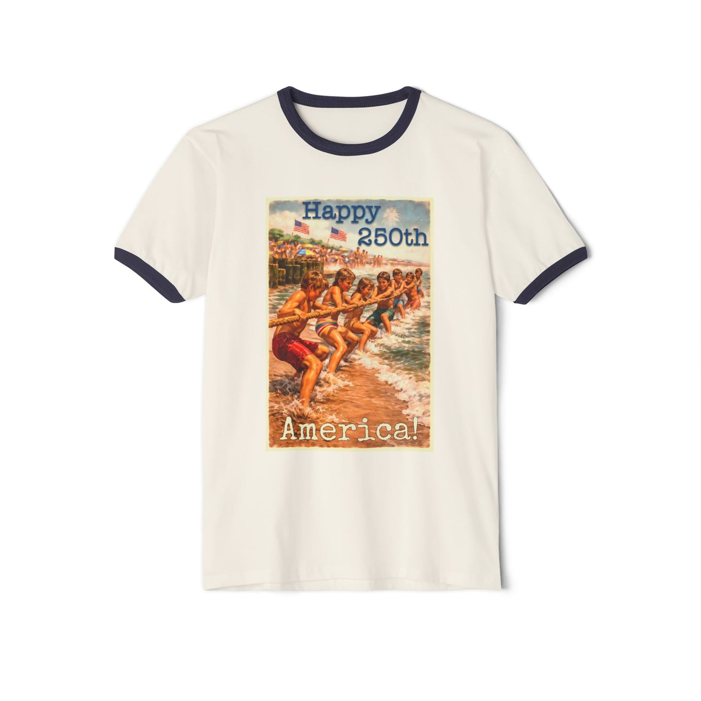 250th Ringer T-Shirt — Vintage Beach ‘Happy 250th America!’ Patriotic Swim Team Graphic