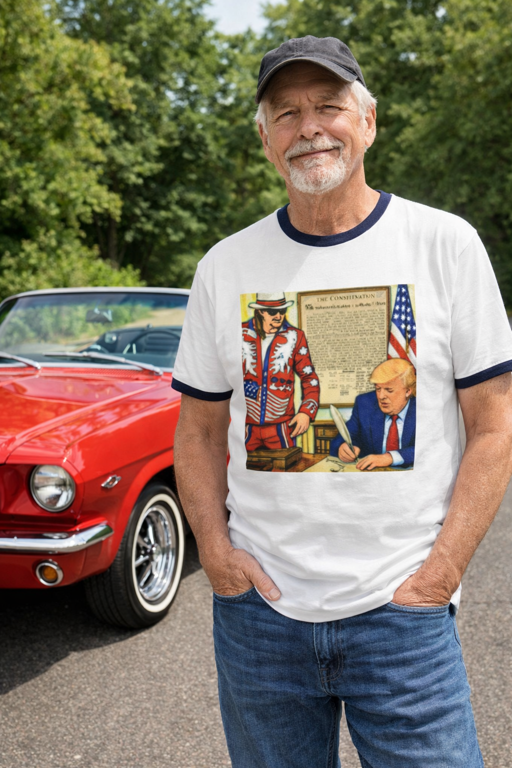 250th Independence Ringer T-Shirt — Patriotic Illustration of Trump Signing with Kid Rock