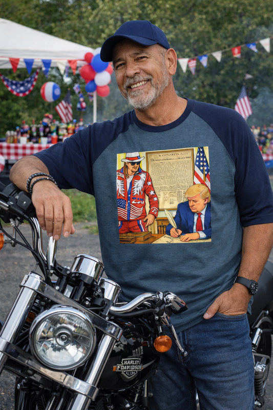 250th Independence Patriotic Raglan Shirt — Vintage Americana Signing Graphic tee Trump & Kid Rock