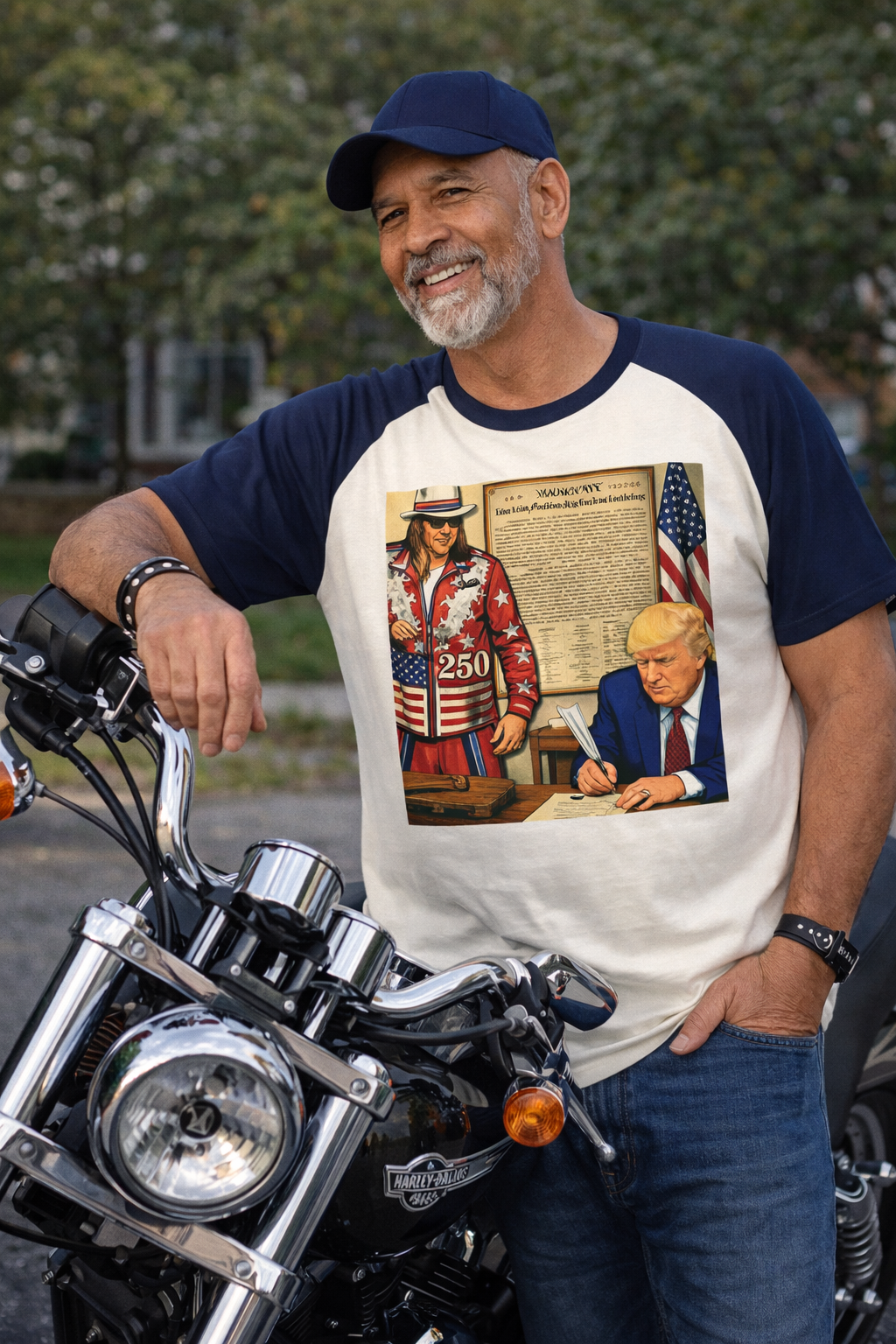 250th Independence Patriotic Raglan Shirt — Vintage Americana Signing Graphic tee Trump & Kid Rock