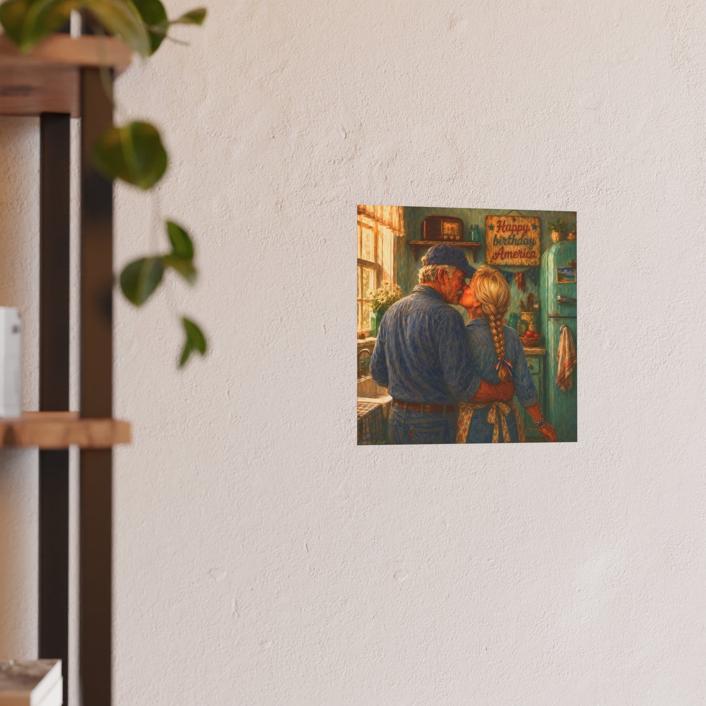 Romantic Country Kitchen Poster — Vintage Couple Kissing Satin/Matte Art Print