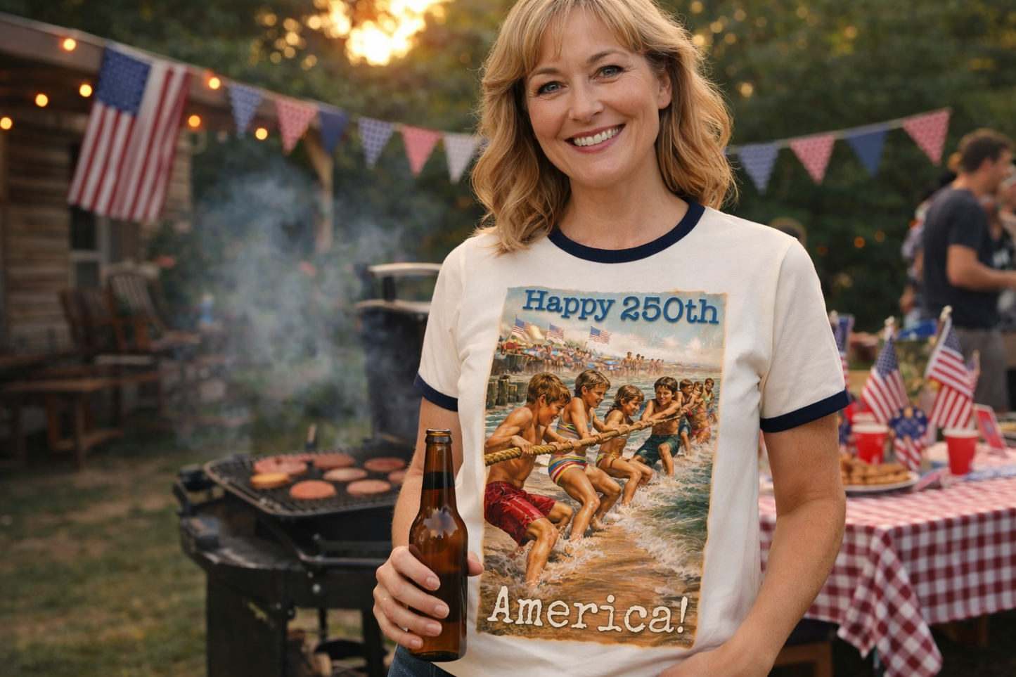250th Ringer T-Shirt — Vintage Beach ‘Happy 250th America!’ Patriotic Swim Team Graphic