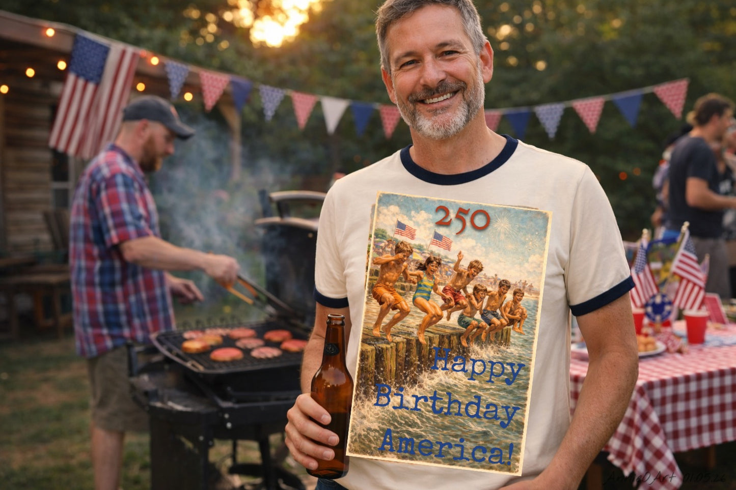 250th Ringer T-Shirt — "Happy Birthday America" Vintage Patriotic Graphic