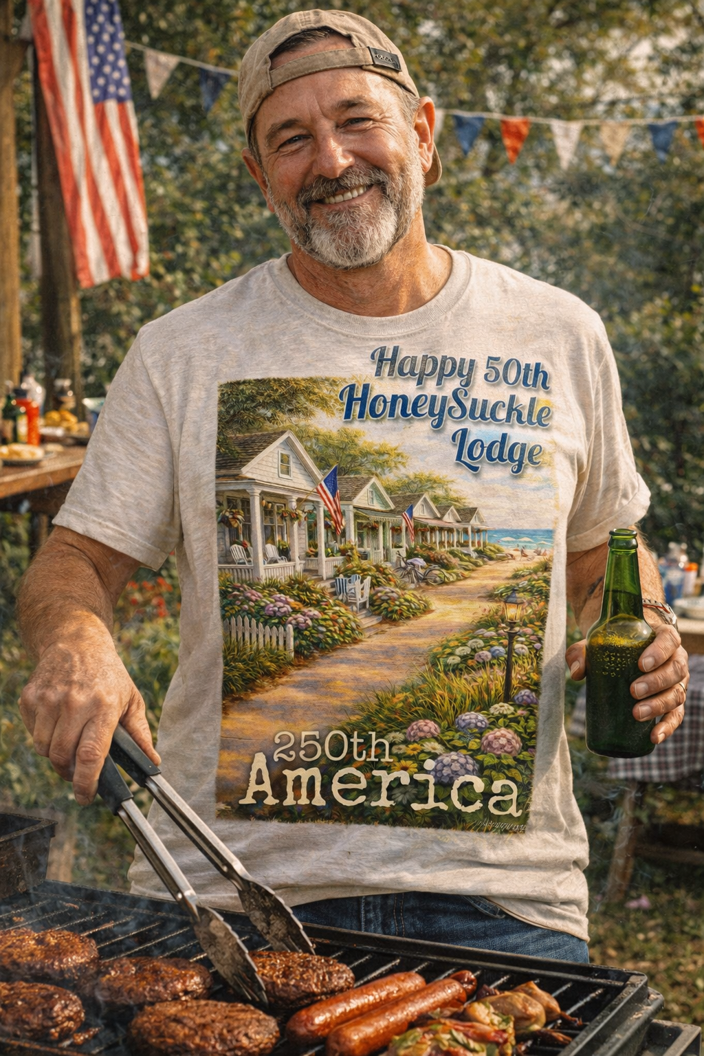 HoneySuckle Lodge 50th—America 250th Bungalow Path T-Shirt —Front & Back Design- Happy 250th Anniversary USA Patriotic Tee
