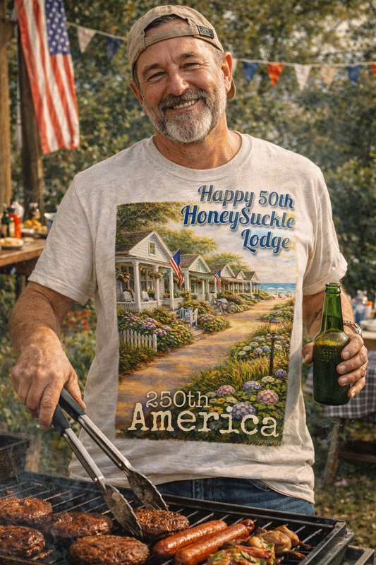 HoneySuckle Lodge 50th—America 250th Bungalow Path T-Shirt —Front & Back Design- Happy 250th Anniversary USA Patriotic Tee