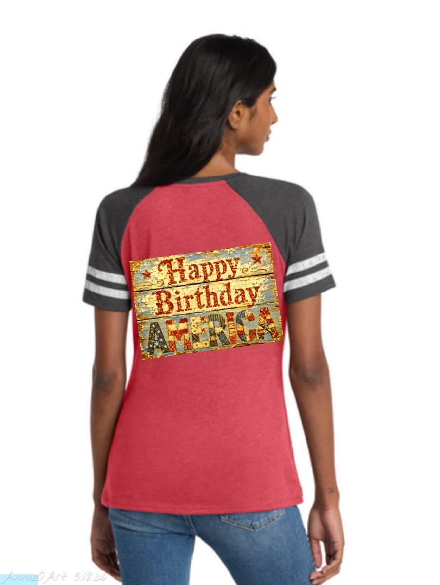 Happy Birthday America V-Neck Distressed Tee — Americana Beach Bungalow Graphic Shirt—Front & Back Design
