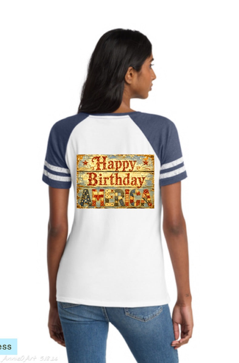Happy Birthday America V-Neck Distressed Tee — Americana Beach Bungalow Graphic Shirt—Front & Back Design