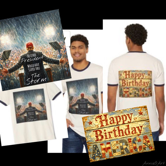 Trump Ringer T-Shirt — "The Storm" Front Graphic & "Happy Birthday America" Back Retro Print