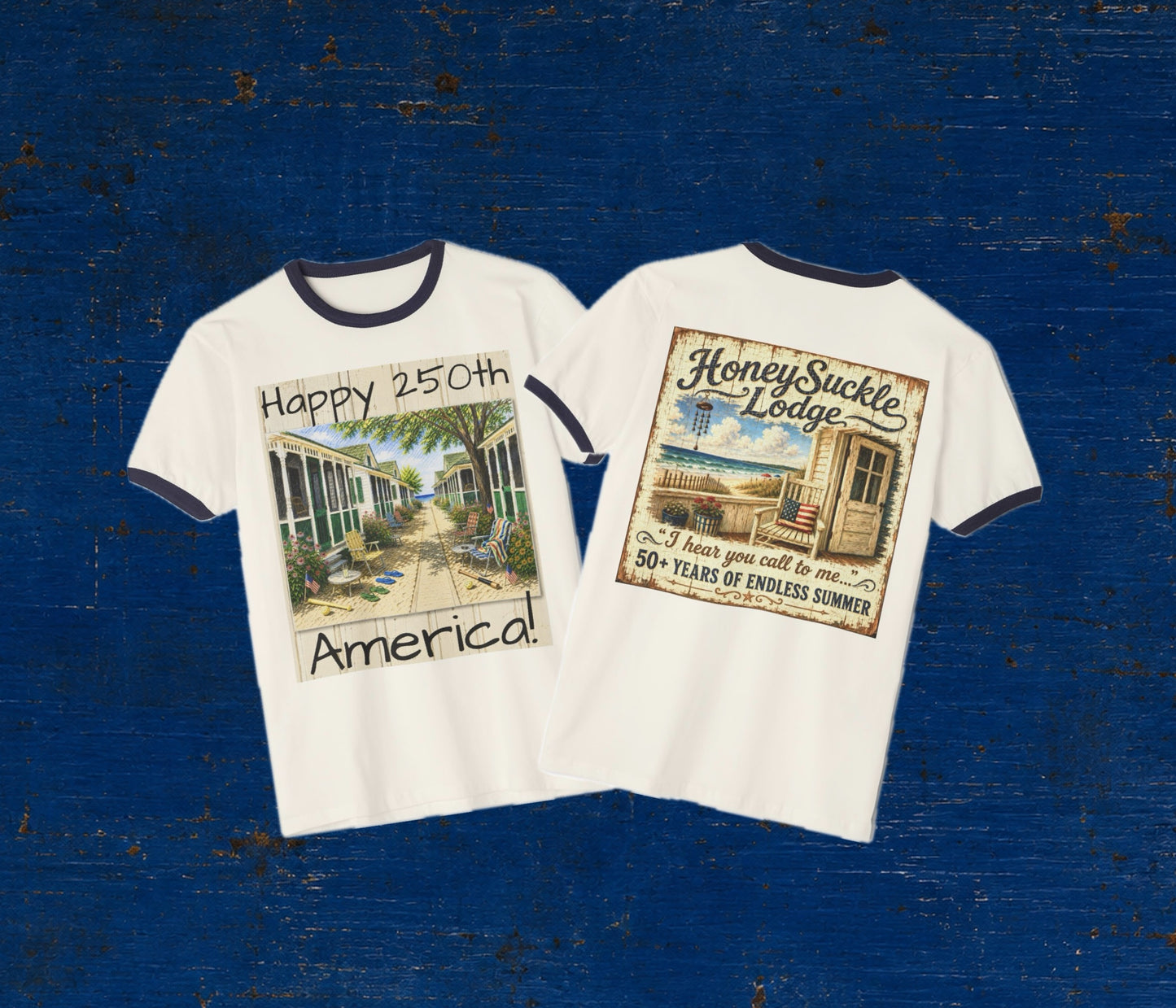Happy 250th America Ringer T‑Shirt — Honeysuckle Lodge Vintage Beach Graphic