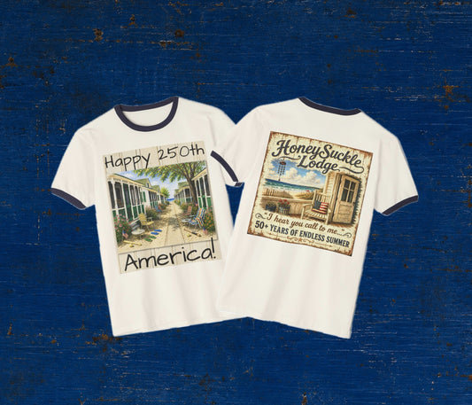 Happy 250th America Ringer T‑Shirt — Honeysuckle Lodge Vintage Beach Graphic