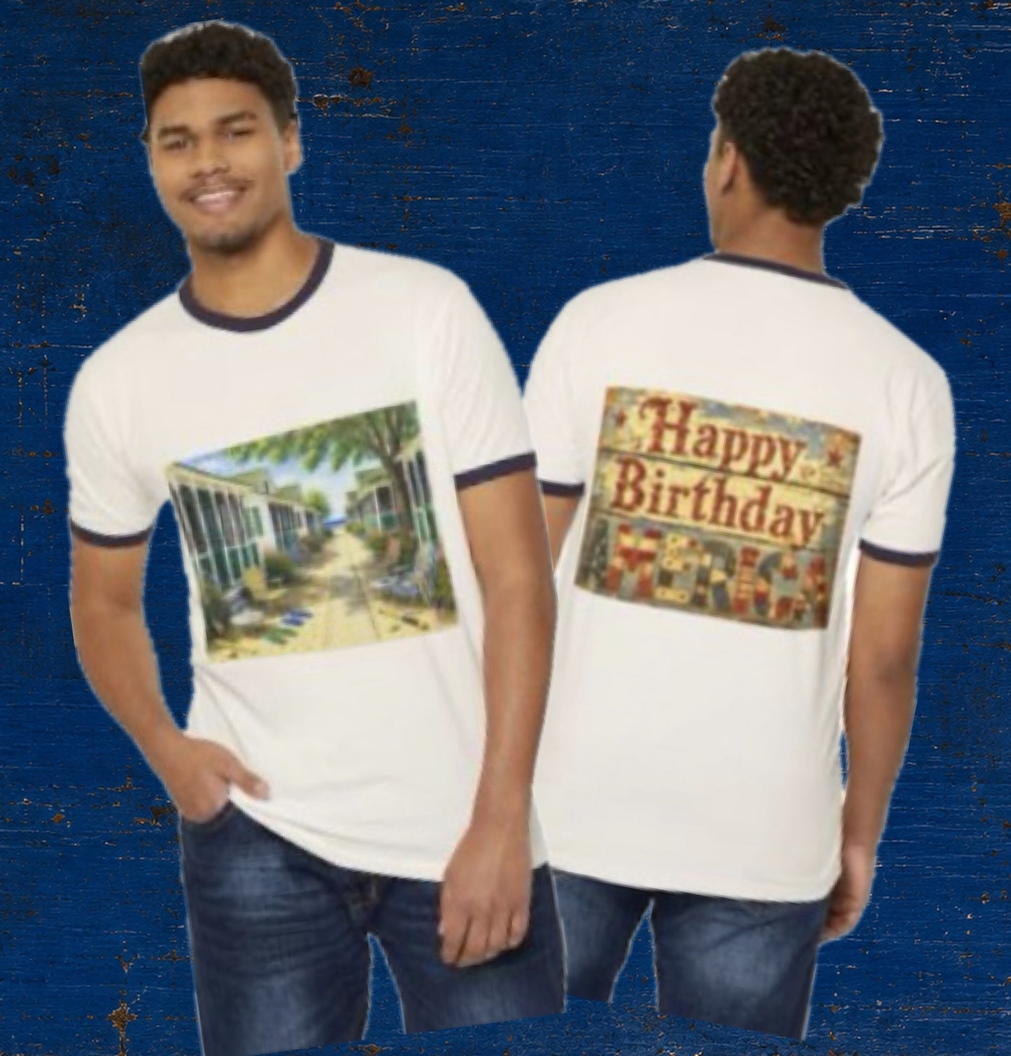 Old 1970’s Style Ringer T-Shirt — Vintage Beach Bungalow Front & Back Design-“Happy Birthday America” Wood Sign