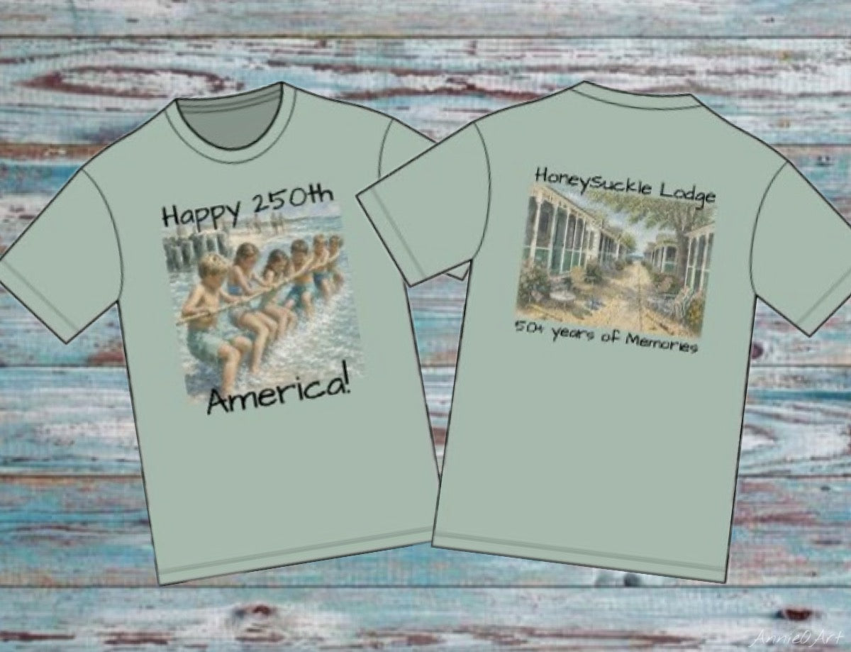 Vintage Americana Distressed Tee – "Happy 250th America!" Honeysuckle Lodge Souvenir T-Shirt