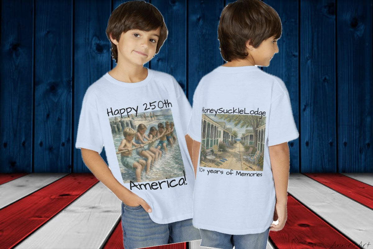 Youth Tee — "Happy 250th America!" Vintage Summer Beach Kids T‑Shirt