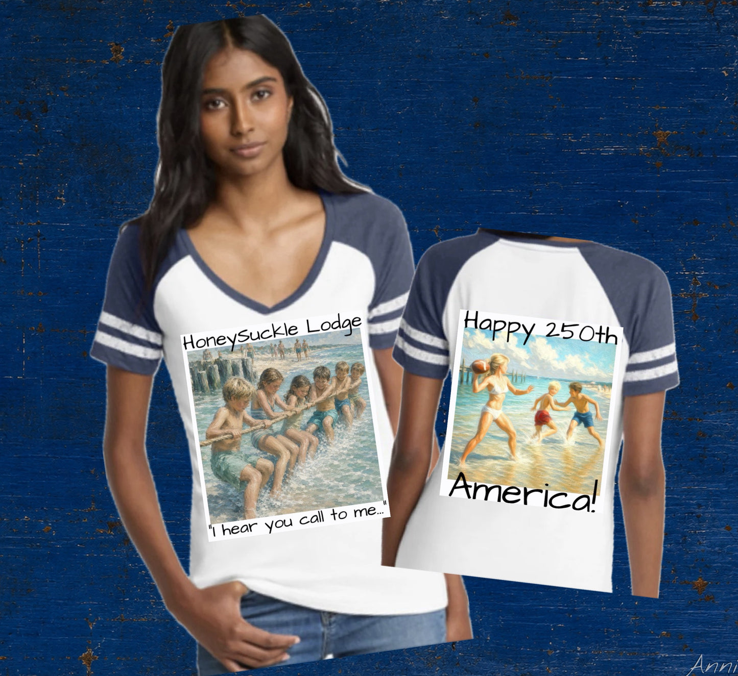 Women's V-Neck Tee — Vintage Beach Kids "Honeysuckle Lodge" Graphic (Happy 250th America!)