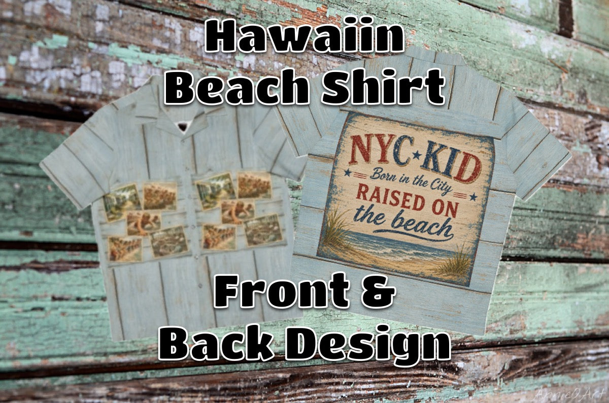 “NYC KID- Born in the City- Raised on the Beach” -Vintage Coastal Wood Plank Hawaiian Shirt