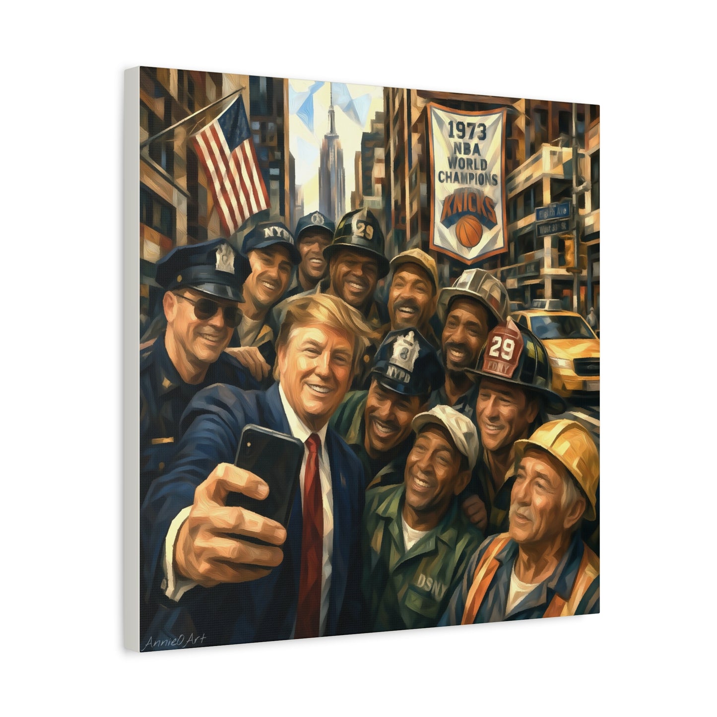 Trump Selfie w/City Workers Canvas Wall Art — Patriotic Urban Selfie Scene