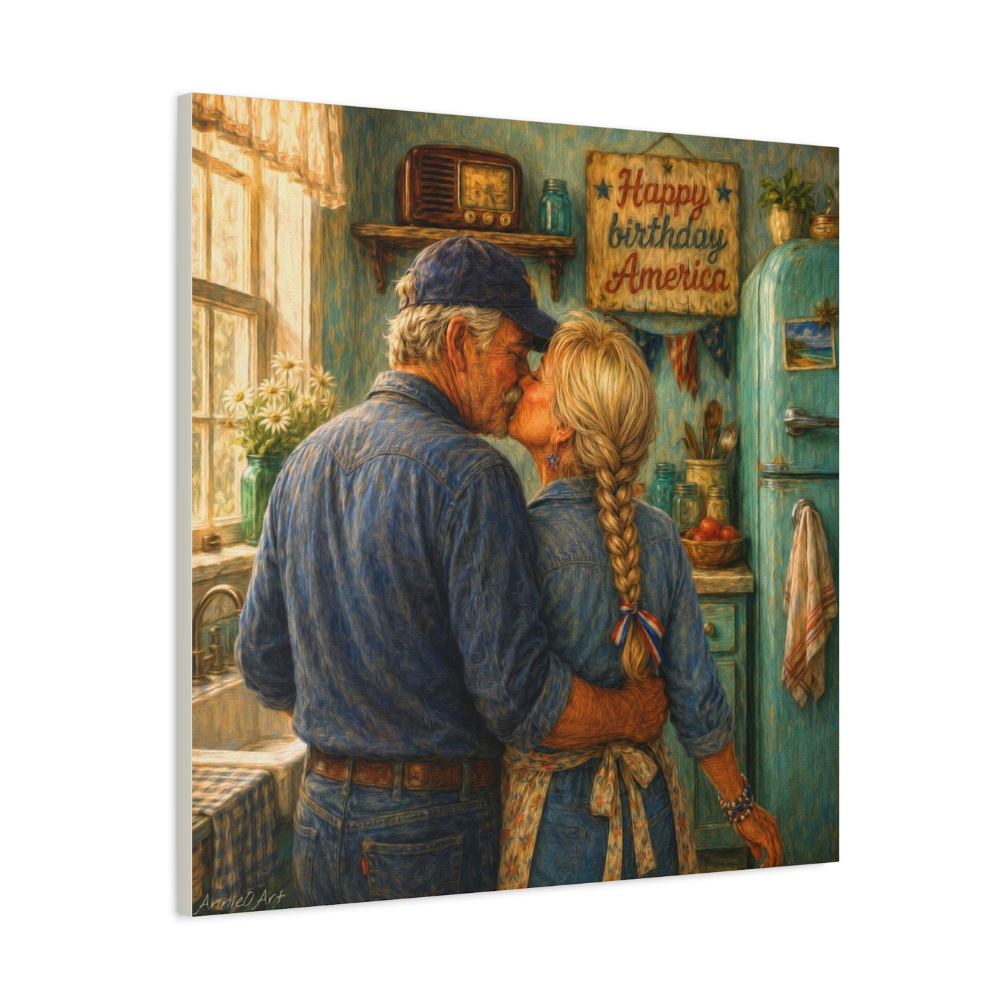 Patriotic Kitchen Romance Canvas Wall Art — "Happy Birthday America" Stretched Matte Print