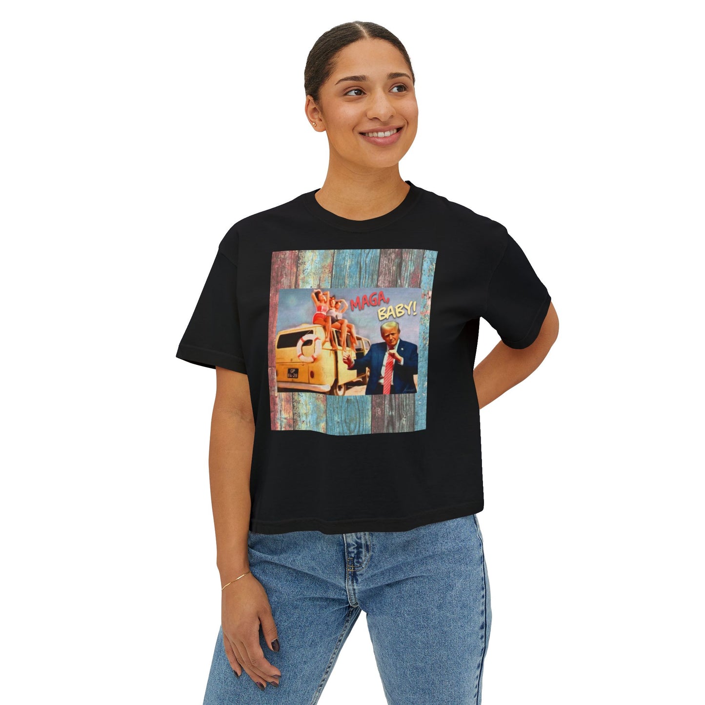Beach scene w DJT dancing Retro VW van “MAGA, baby!” —Graphic Boxy Tee — Vintage Roadtrip/Rally tee Women's Shirt