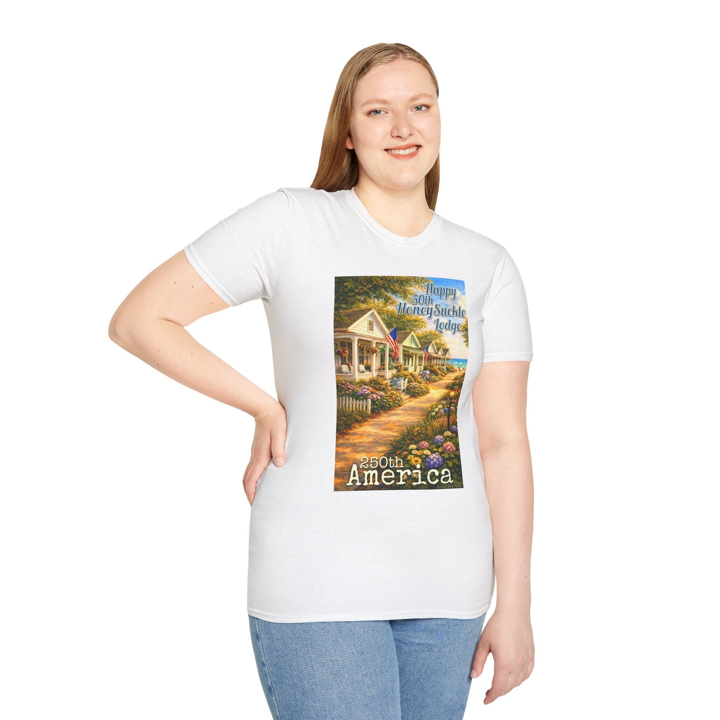 HoneySuckle Lodge 50th—America 250th Bungalow Path T-Shirt —Front & Back Design- Happy 250th Anniversary USA Patriotic Tee