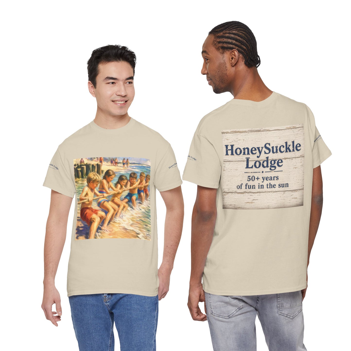 Honeysuckle Lodge Vintage Beach Print tee shirt front/back ("Honeysuckle Lodge - 50+ years of fun in the sun")