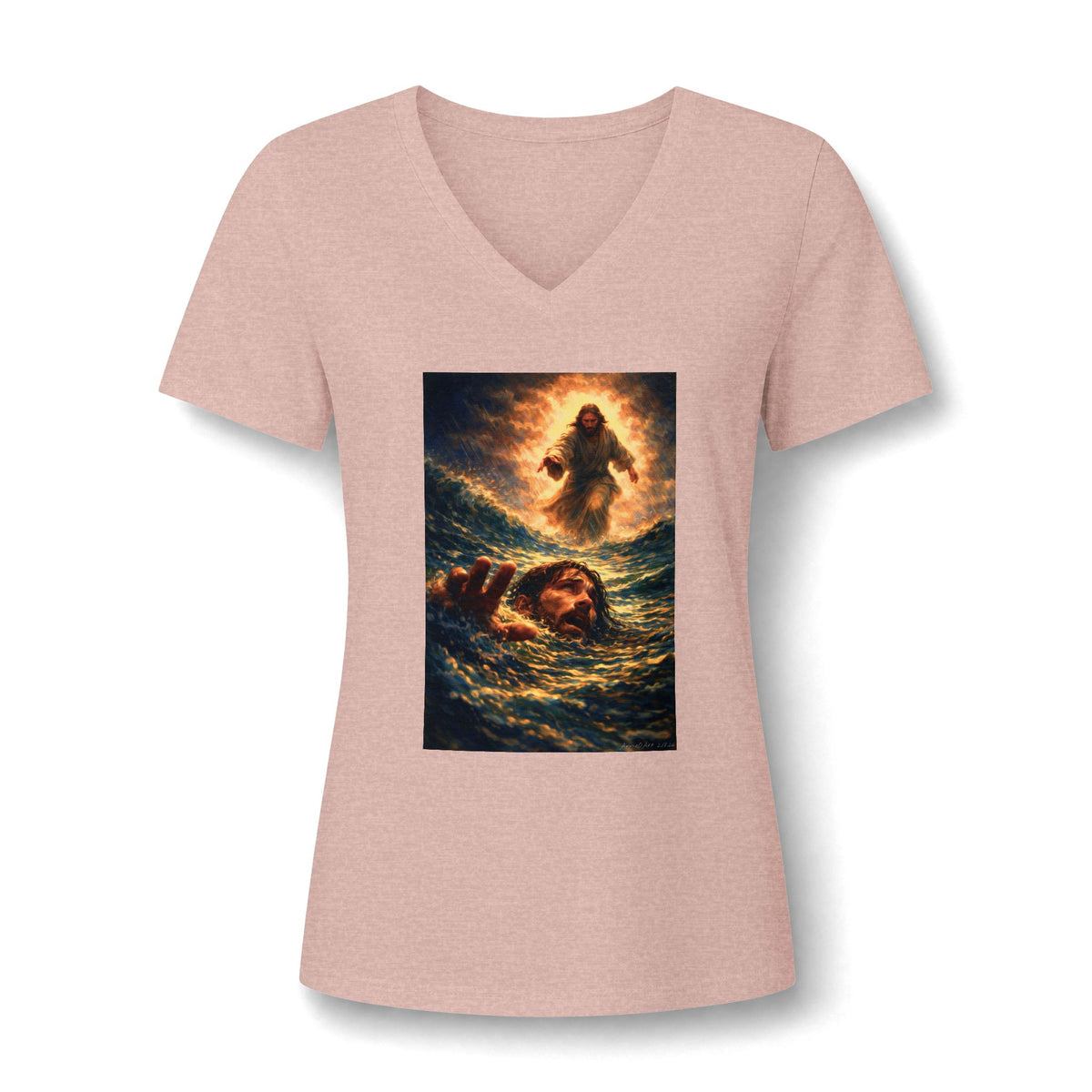 V-Neck Tee -Jesus Saving Peter—Walking on Water Christian Graphic Shirt