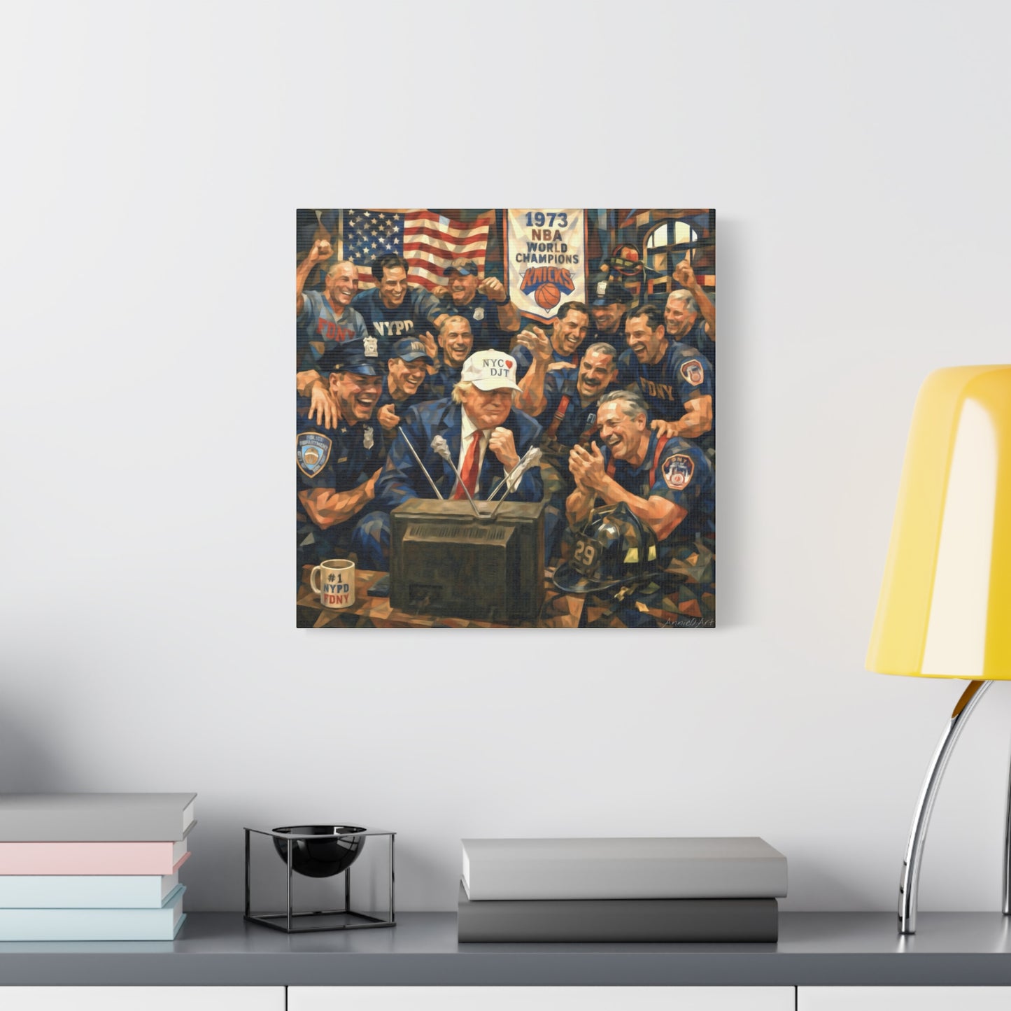 Trump Patriotic NYC Firefighters  Matte Stretched Canvas — Vintage NYPD Tribute Wall Art