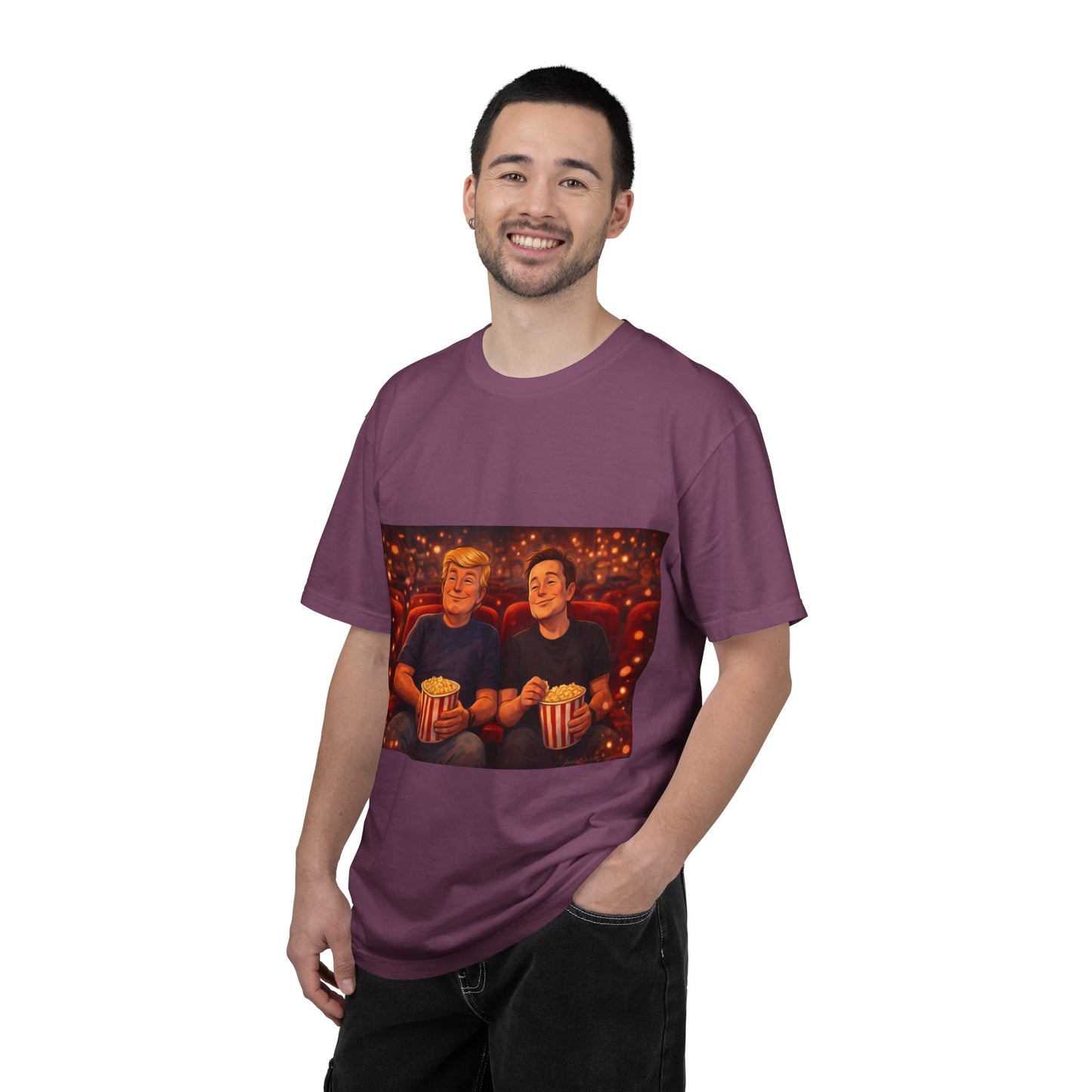 Trump & Elon—Movie Night Popcorn Tee — Cozy Cinematic Graphic T-Shirt