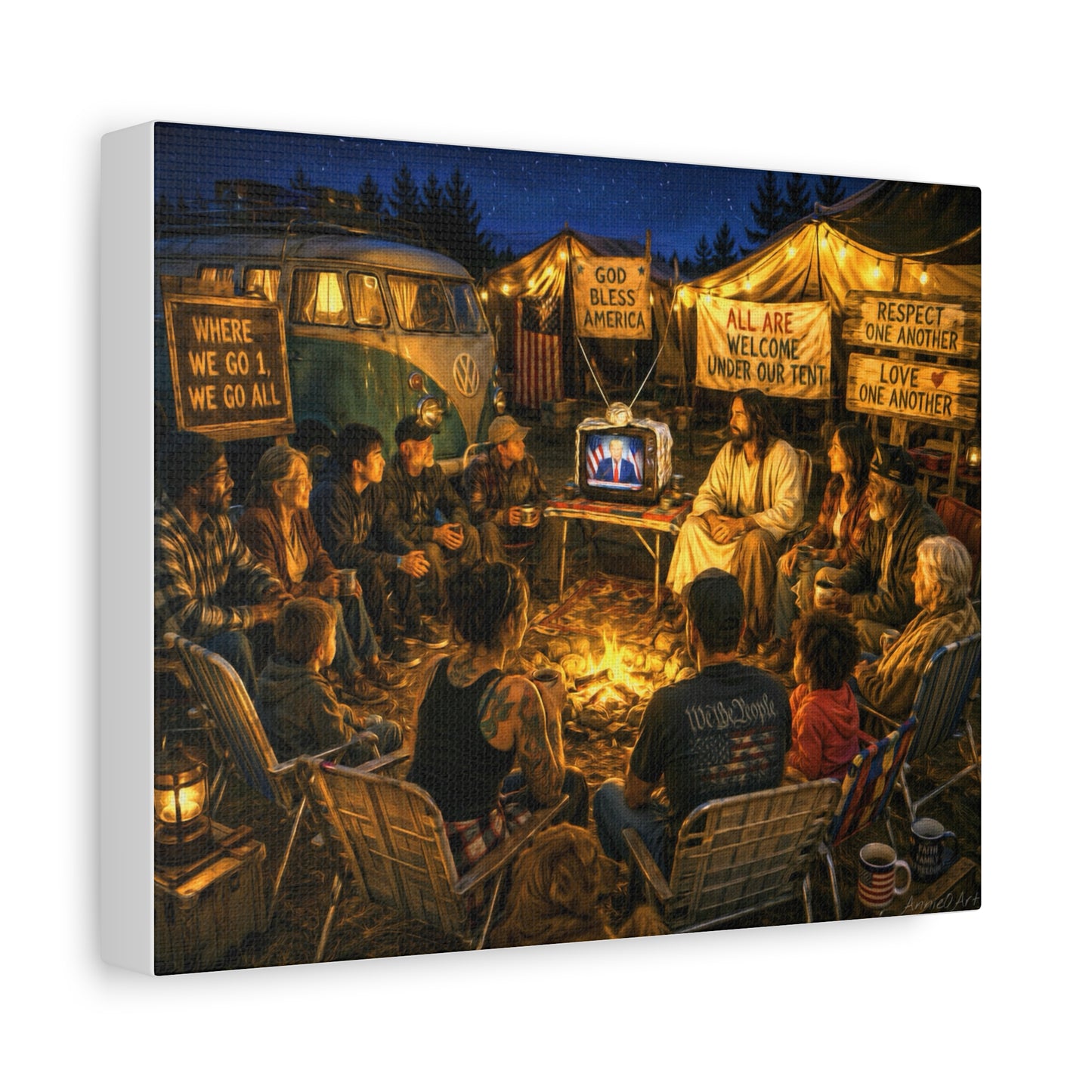 God Bless America—Campfire Fellowship Canvas Wall Art — 'All Are Welcome' Rustic Gathering Scene—MAGA—WWG1WGA