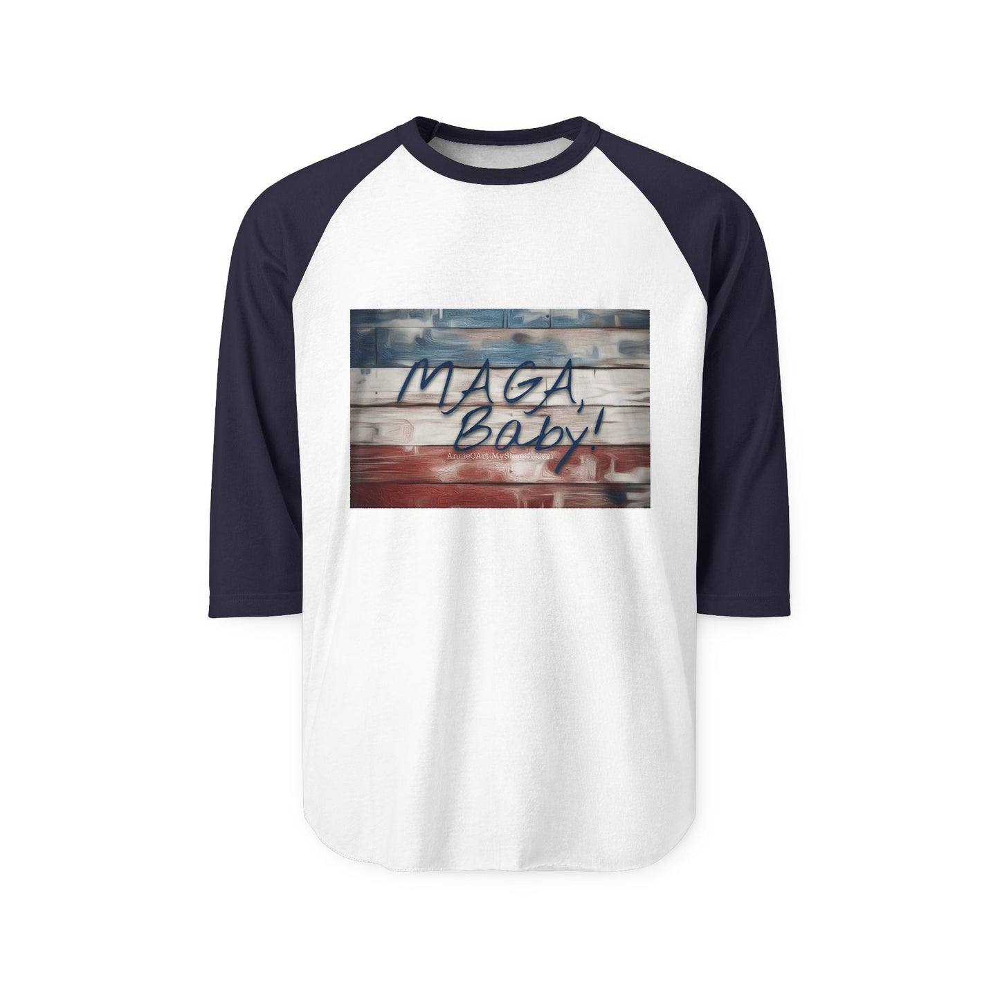 Raglan Shirt — "MAGA Baby" Distressed American Flag Baseball Tee