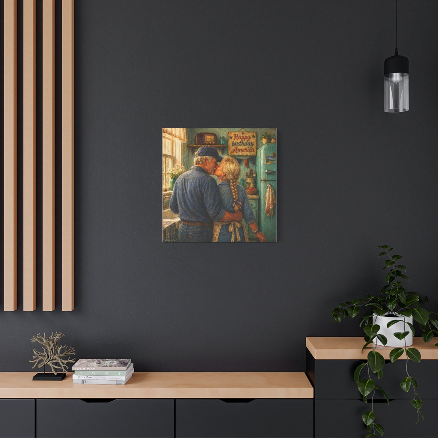 Patriotic Country Kitchen Canvas - "Happy Birthday America" Rustic Couple Wall Art