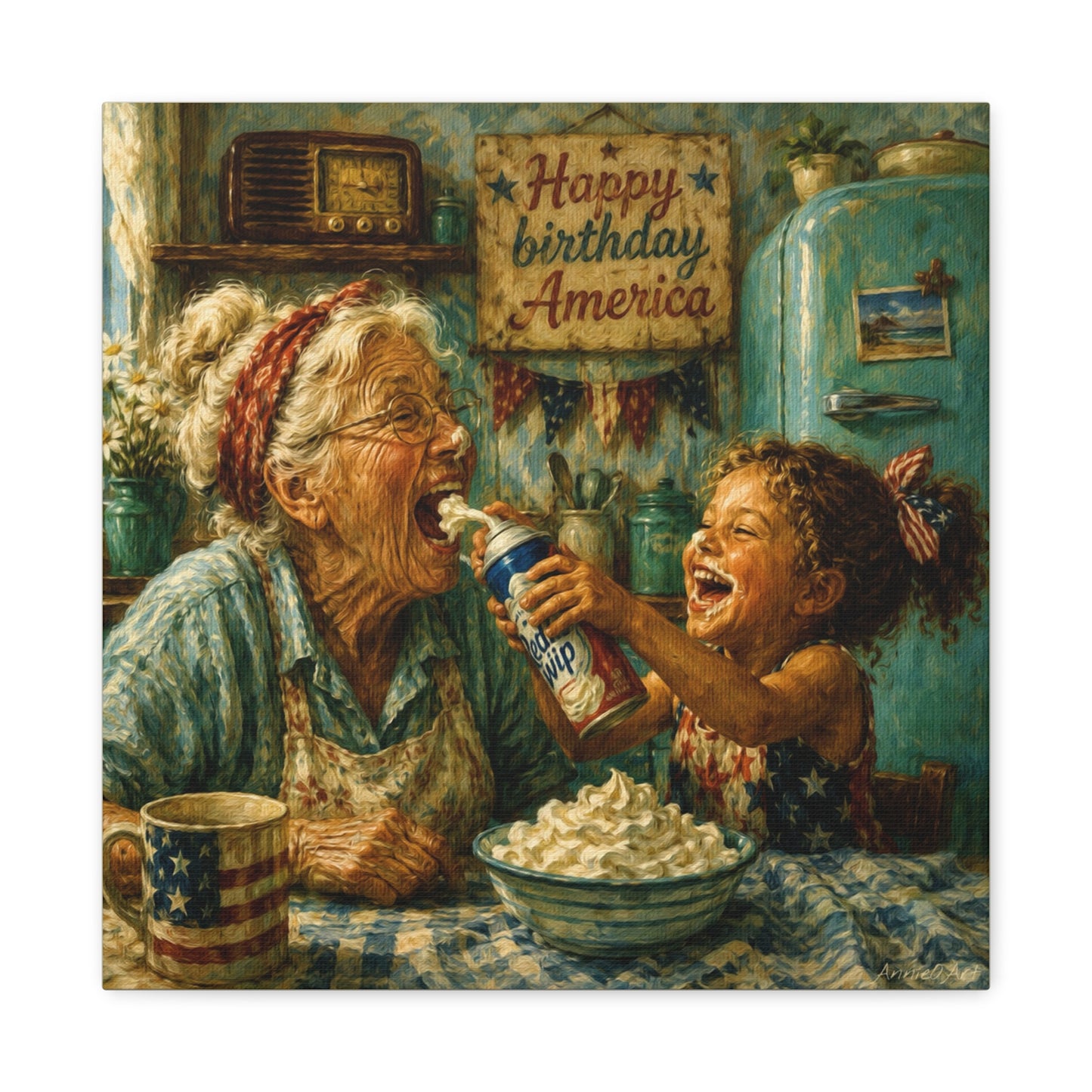 Happy Birthday America Canvas — Patriotic Grandma & Granddaughter Kitchen Wall Art