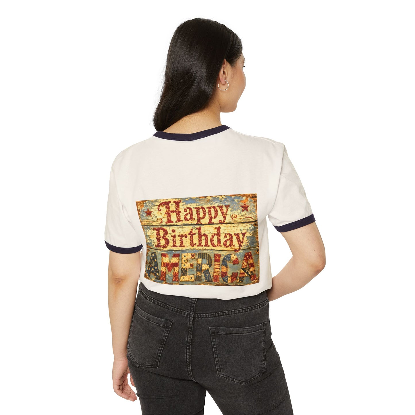 Patriotic "Happy Birthday America"—Front & Back Design Ringer T-Shirt