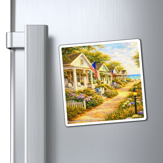 Bungalows by the Beach Magnet — Patriotic Seaside Beach House Refrigerator Magnet
