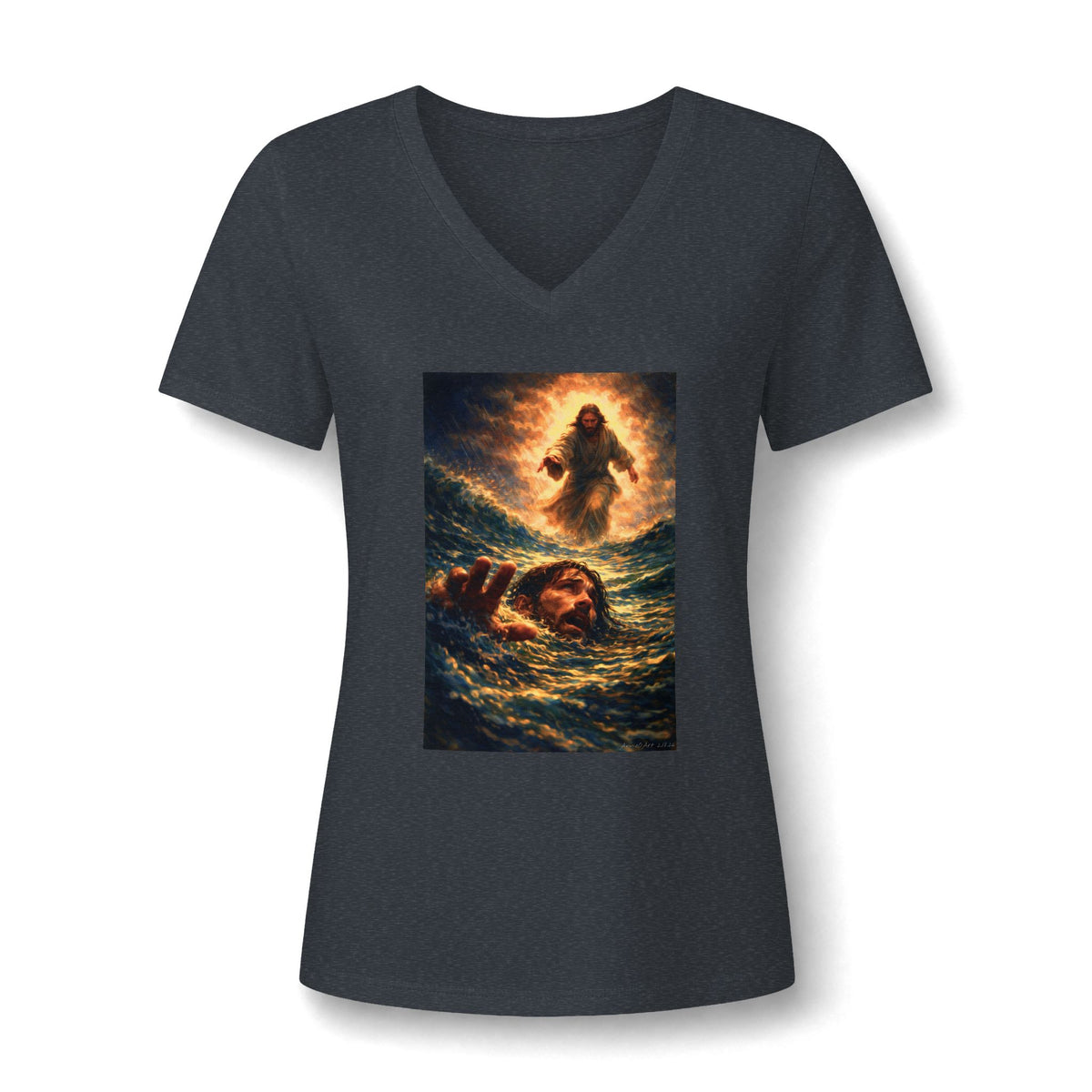 V-Neck Tee -Jesus Saving Peter—Walking on Water Christian Graphic Shirt