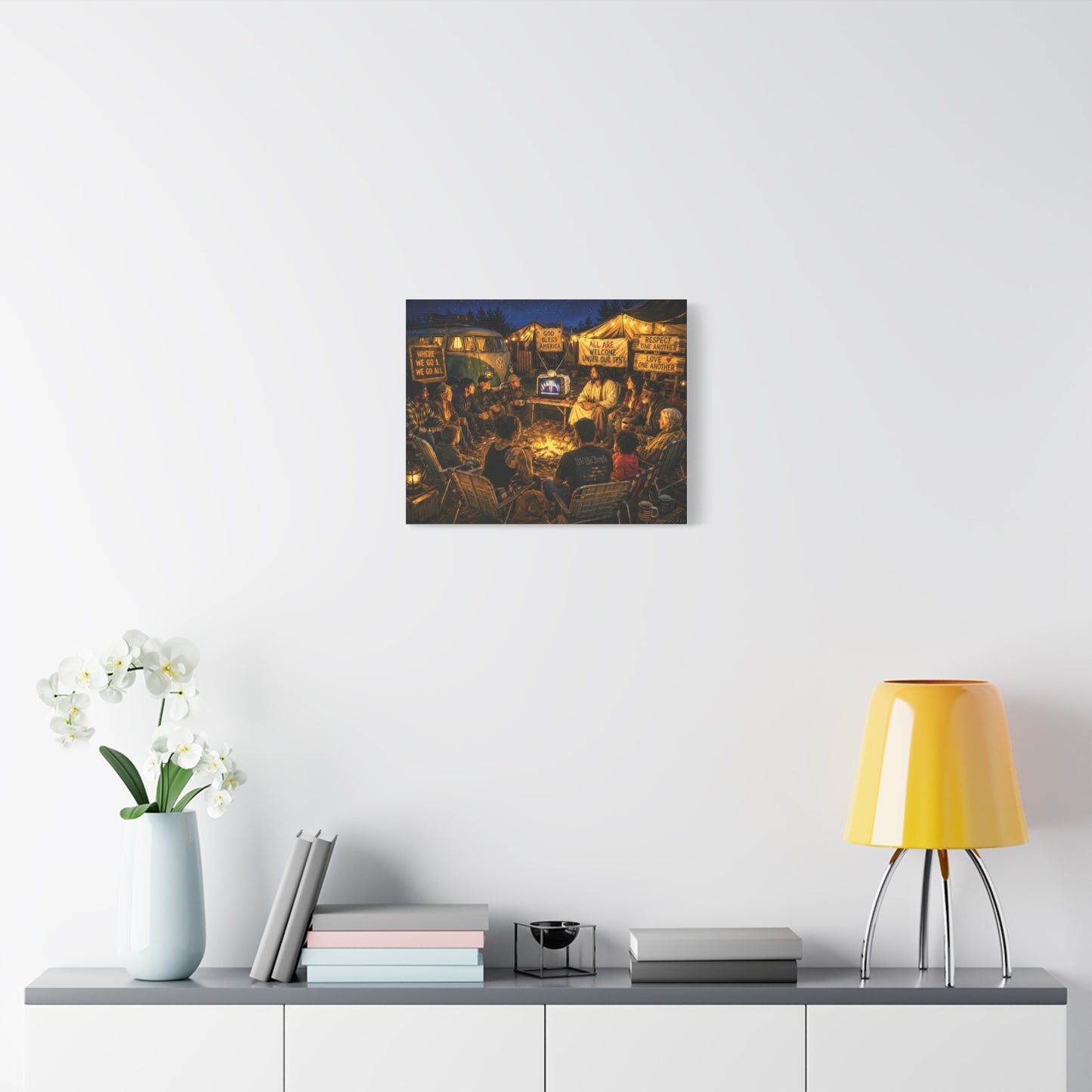 God Bless America—Campfire Fellowship Canvas Wall Art — 'All Are Welcome' Rustic Gathering Scene—MAGA—WWG1WGA