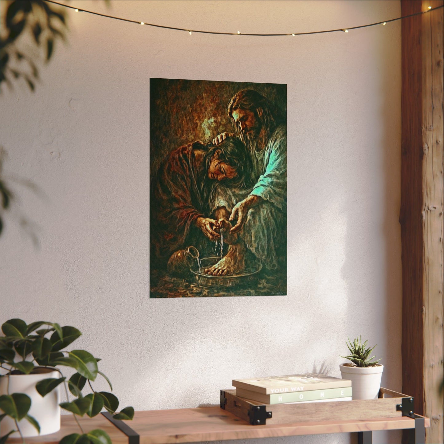 Jesus & Mary Washing Feet Matte Watercolor Poster — Religious Devotional Wall Art