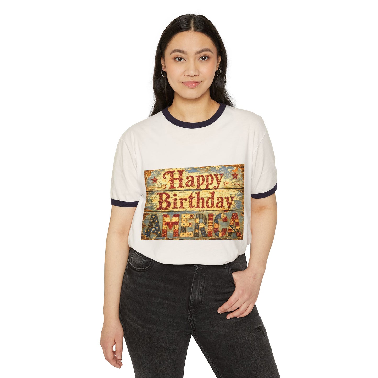 Happy Birthday America Ringer T-Shirt — Vintage Patriotic Couple Design